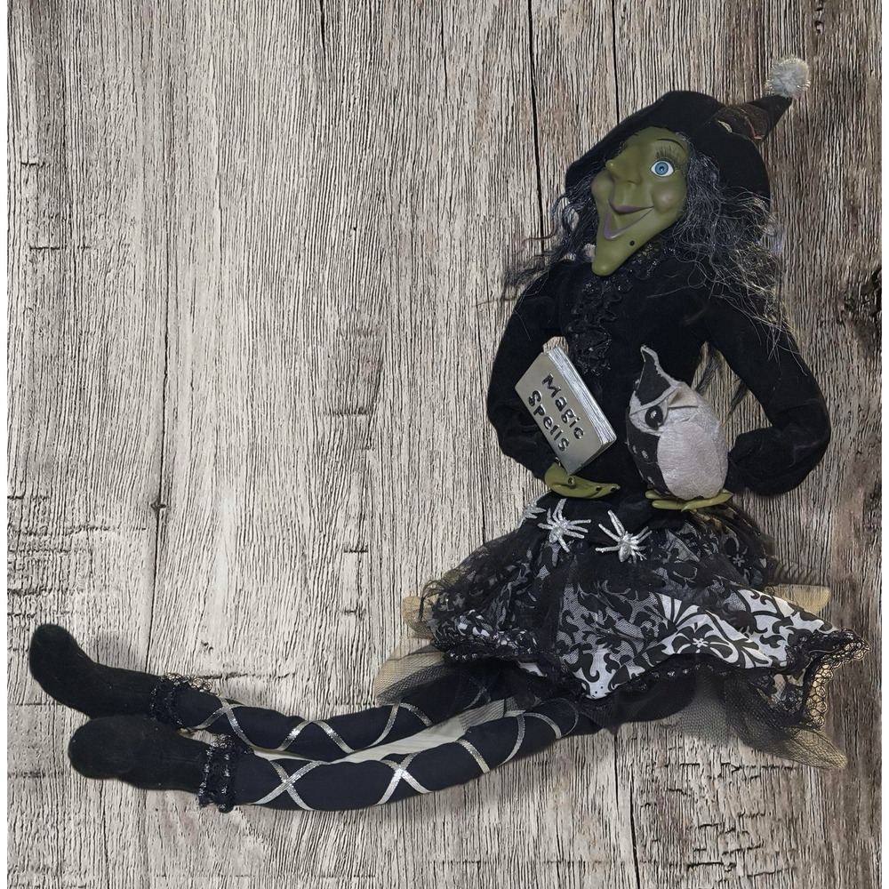 NEW SITTING HALLOWEEN GREEN GAL PAL WITCH 16Hx12"LEG Folk Art LITTLE BLACK DRESS